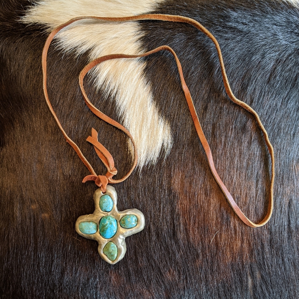 Turquoise Cross Pendant Necklace on Brown Leather Cord